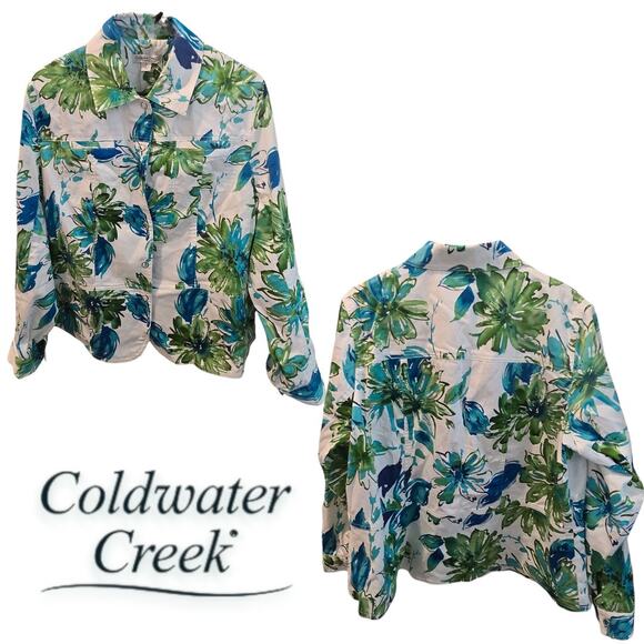 Coldwater Creek Blue Green Floral Jacket Blazer Cottagecore Vintage Medium - Picture 1 of 5